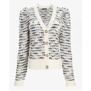 Express Space Dye Button-Up Cropped Cozy Cardigan Cream Navy Puff Sleeve / XS